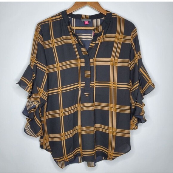 Vince Camuto black & tan plaid ruffle sleeve blouse, v-neck, M - Picture 4 of 7